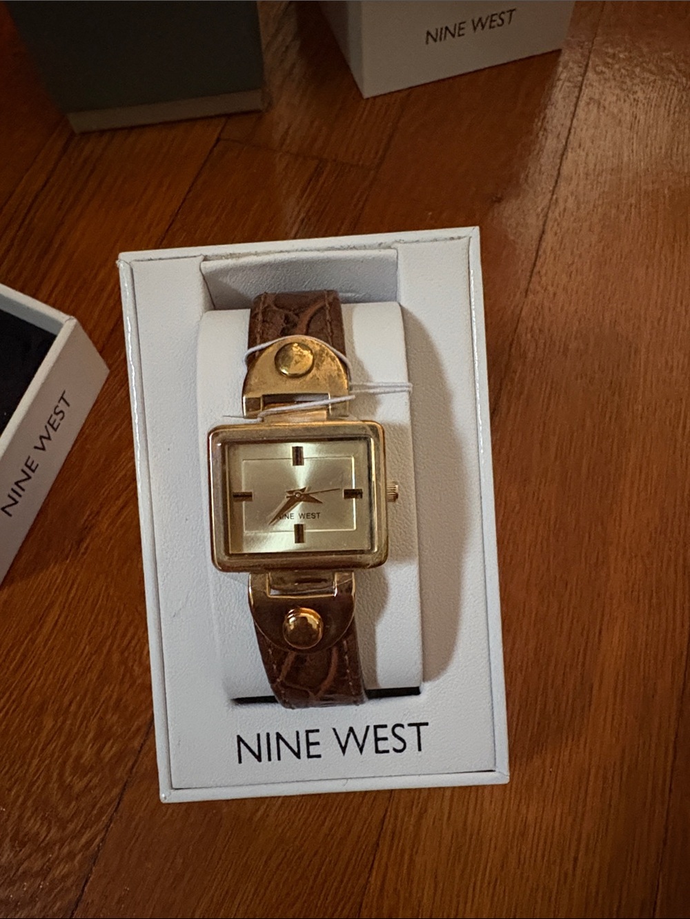 Nine West Gold Tone Square Watch with Brown Croc Leather Strap